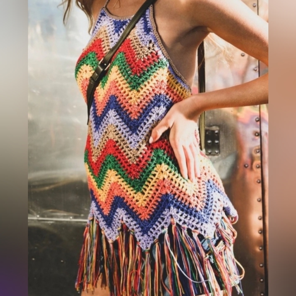 Multi color crochet halter with Fringe
